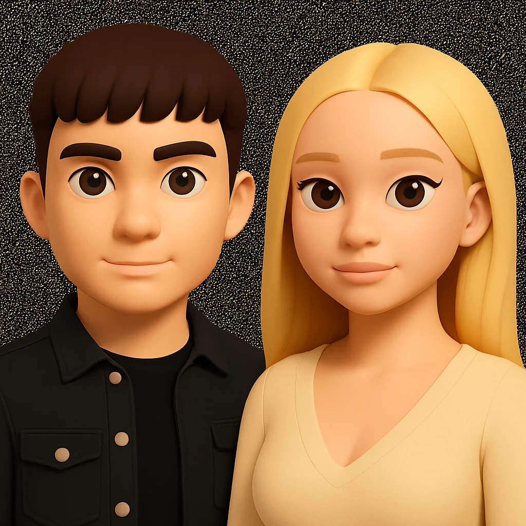 Slightly increase the volume of the upper body of the girl, significantly spread them apart from each other, make the skin color the same for both characters, while preserving the cartoonish 3D style as seen in the reference image. emoji