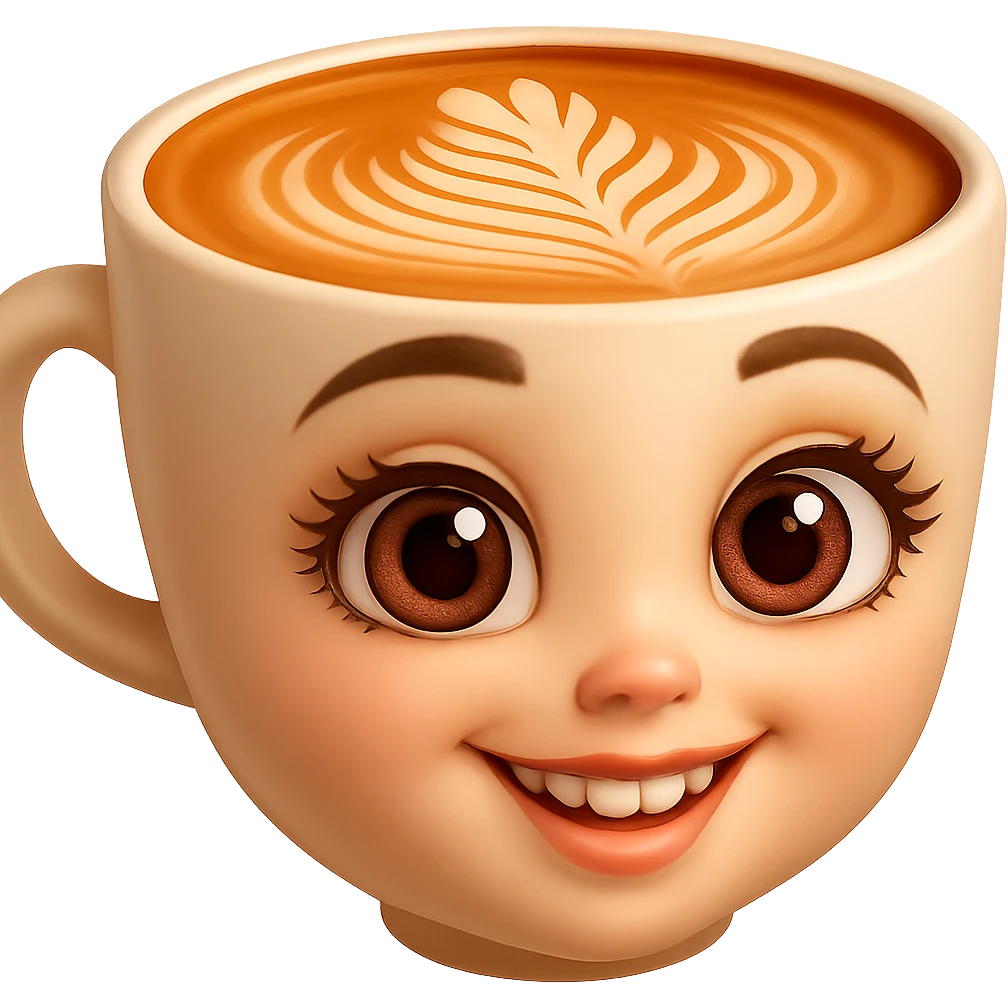 Edita la imagen para que el personaje de la taza de café  MANTENGA exactamente su estilo original,  y colores según la imagen de referencia. ELIMINA FONDO PARA QUE QUEDE TIPO EMOJI NO DBE TENER CUELLO. emoji