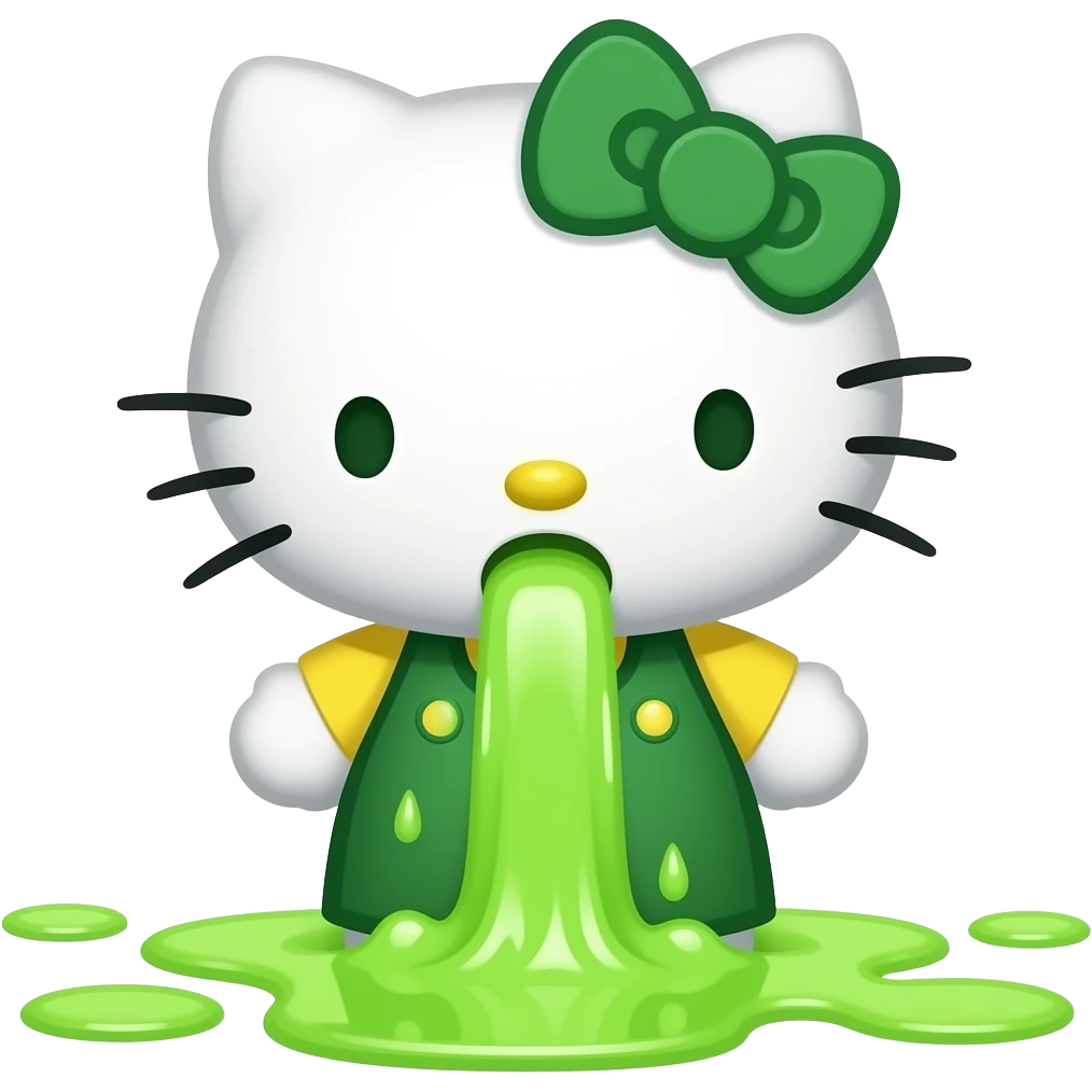 green-white hello kitty is vomiting neon green through her mouth, spewing it out onto the floor at her feet niagara emoji