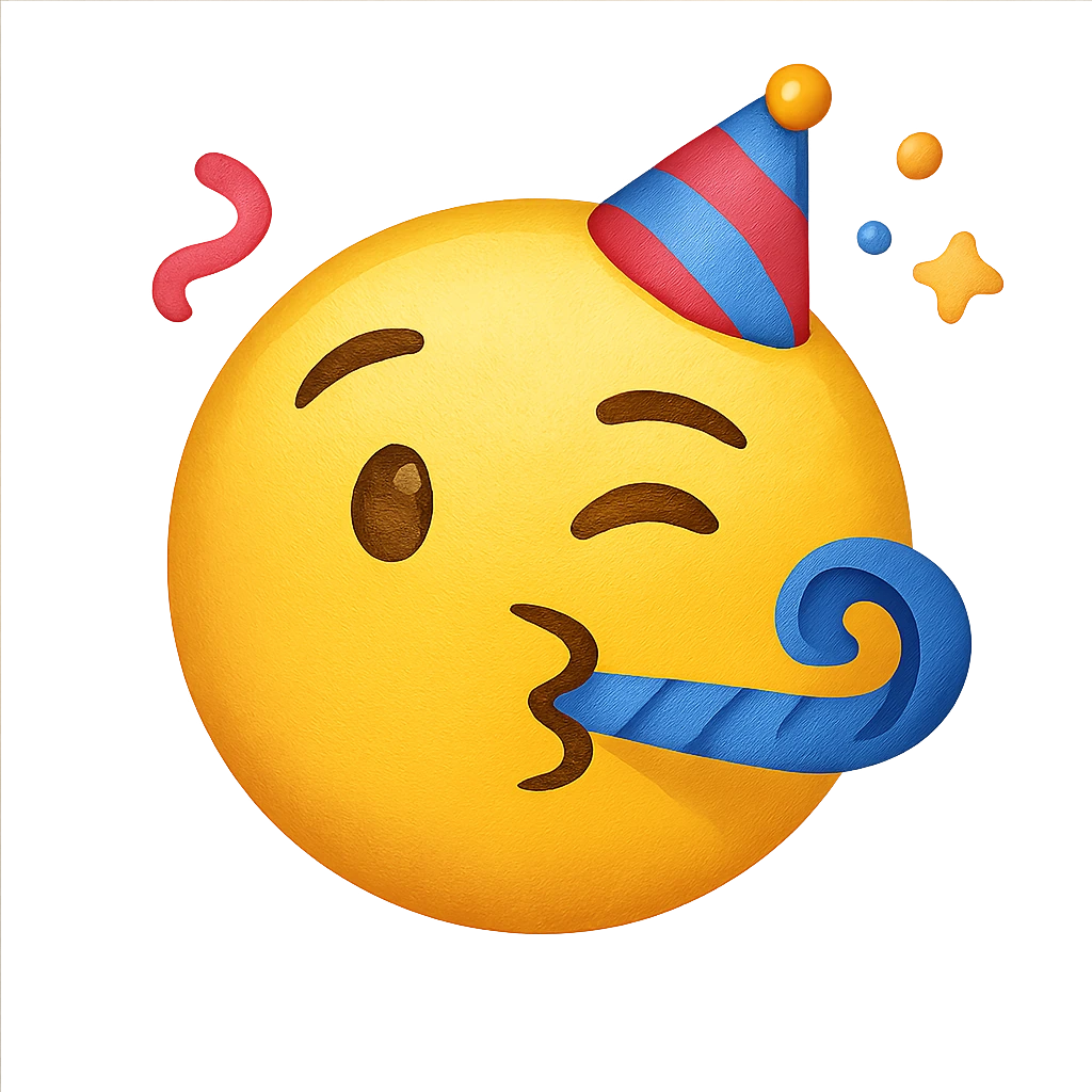 yellow face with blue party streamer emoji, digital illustration emoji