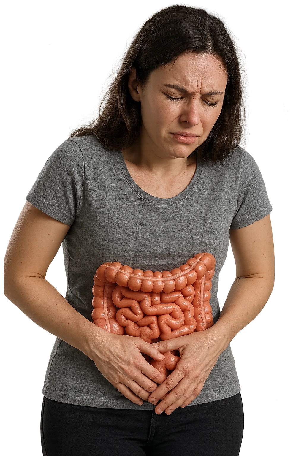 DONNA CON INTESTINO ANATOMICO REALISTICO IN EVIDENZA E MAL DI PANCIA, IPERREALISTICO 4K emoji