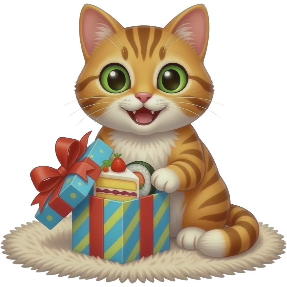 a happy cat opening a birthday present filled with cake and sushi emoji