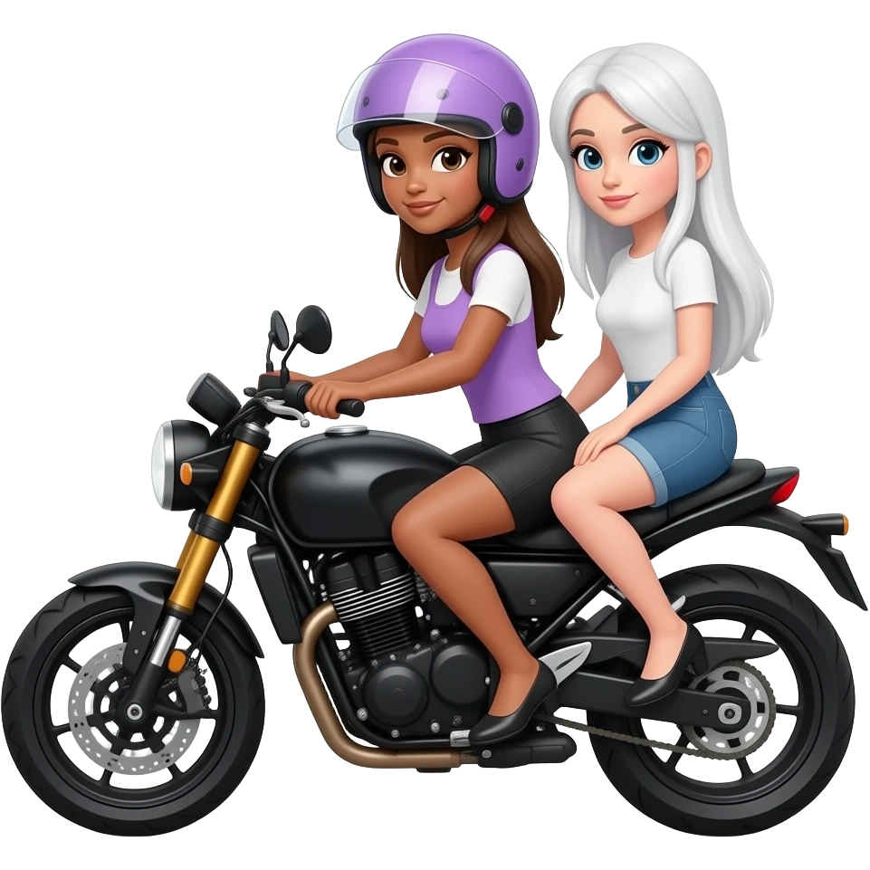 Mujer morena y mujer blanca cabello lacio largo blanca con casco lila en moto negra emoji