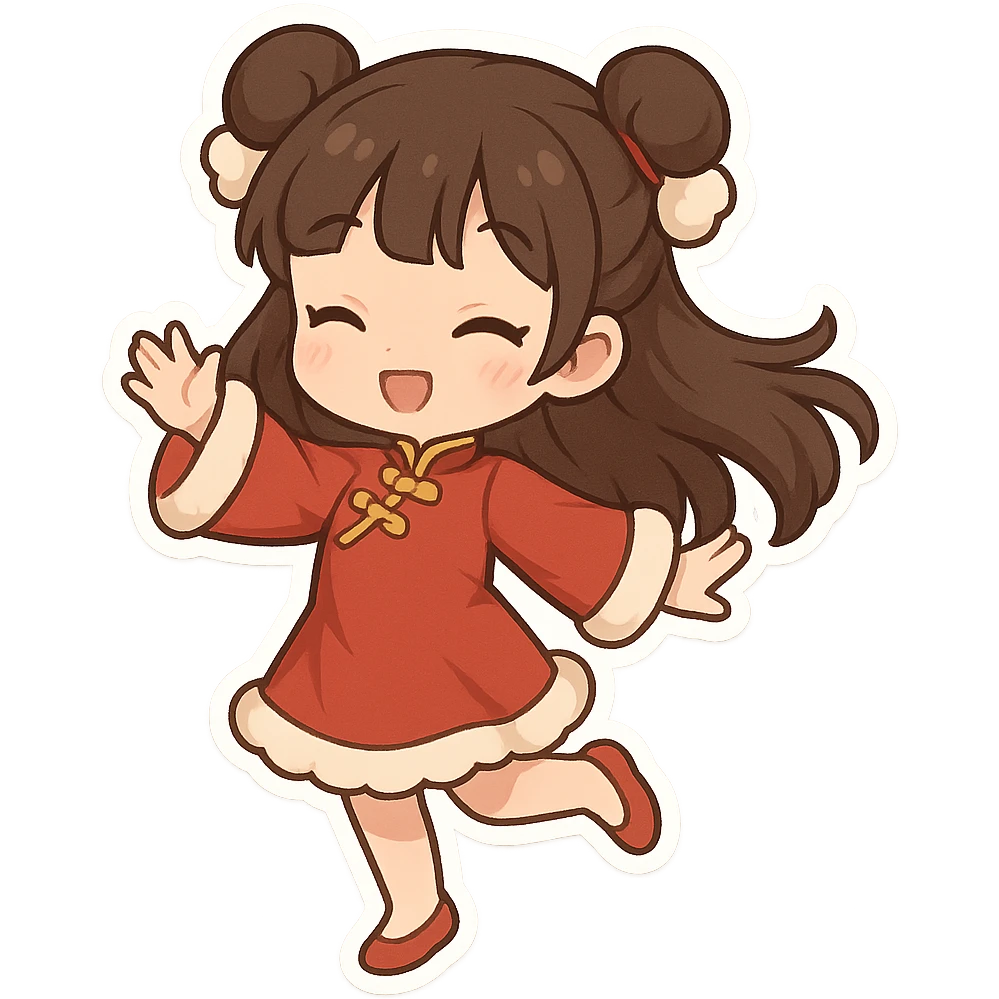 一个可爱女孩身穿新年服装，正在跳舞 emoji