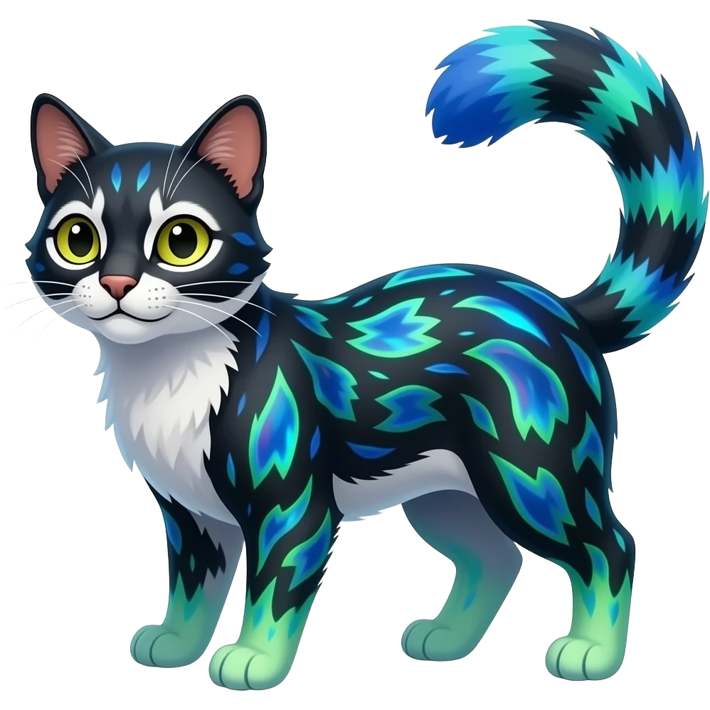 Colorful realistic tropical gradient-colored cobalt-blue-obsidian-black-neon-green-gradients, with white underside, iridescent glorious divine exotic cute cool beautiful shiny fantasy-civet-genet-Fionbri-Cacomistle-Furret-civet-oncilla-animal-hybrid-fursona with pattern markings (full body) emoji