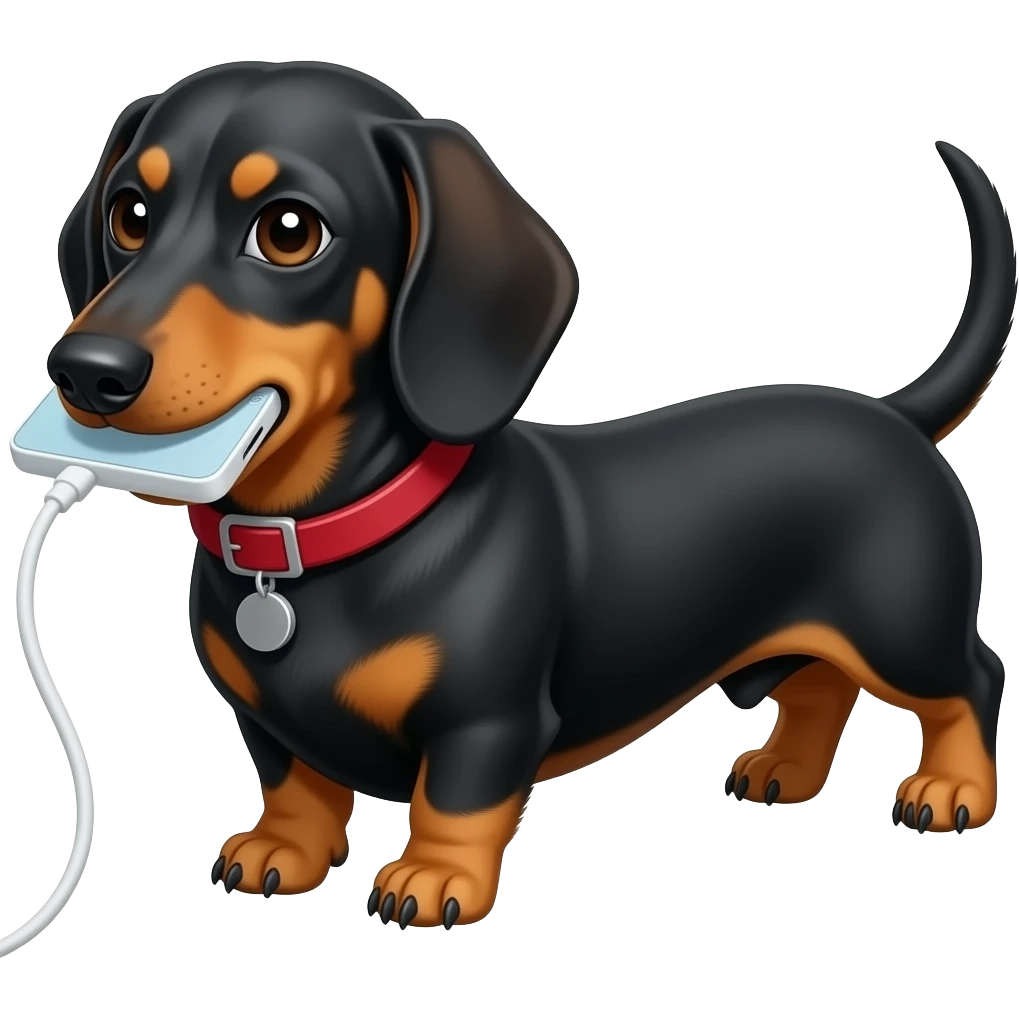 Perro salchicha mordiendo cargador de teléfono emoji