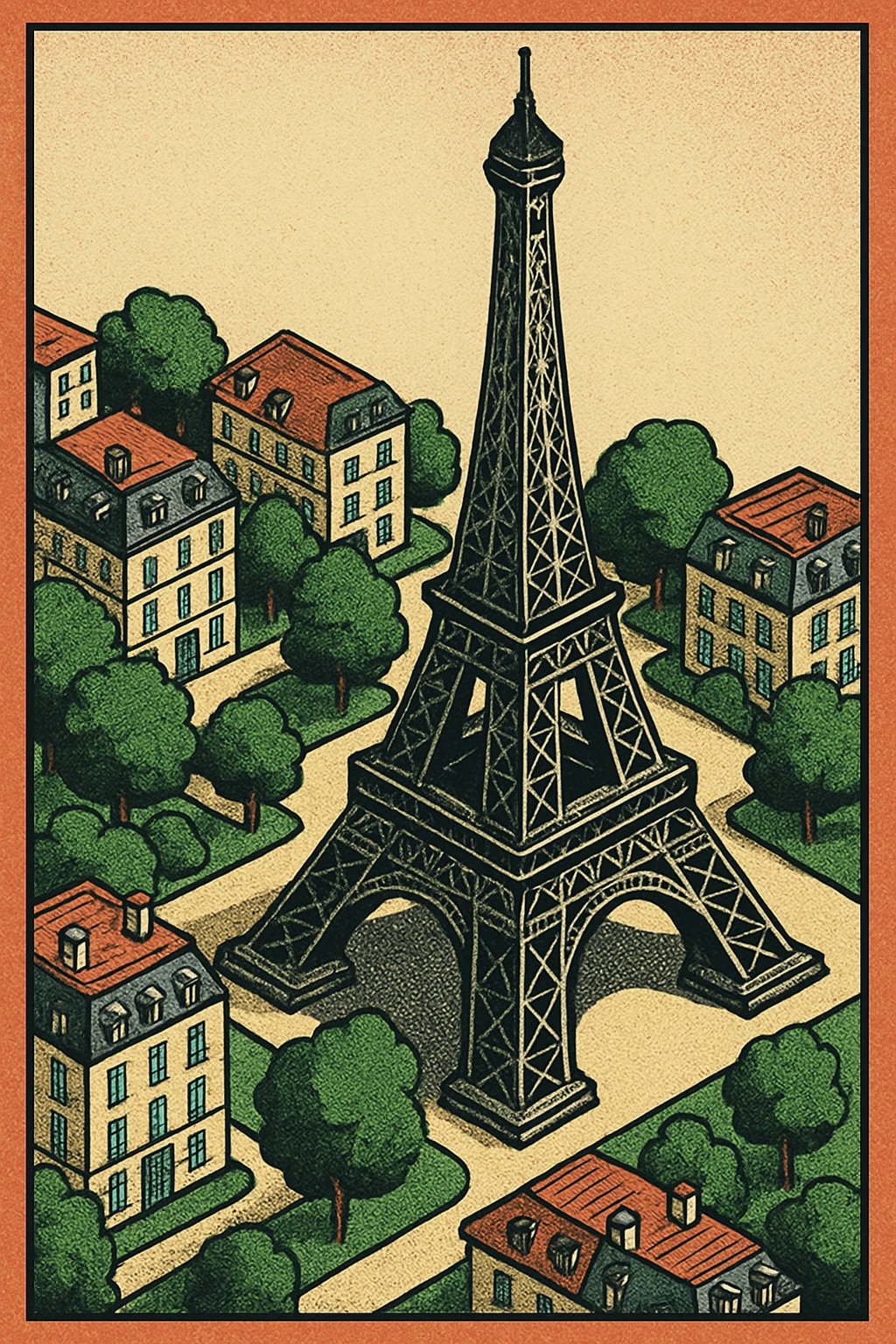 Isometric illustration of Paris, featuring the photorealistic Eiffel Tower surrounded by small Parisian buildings and trees, highly detailed in semi-realistic style emoji