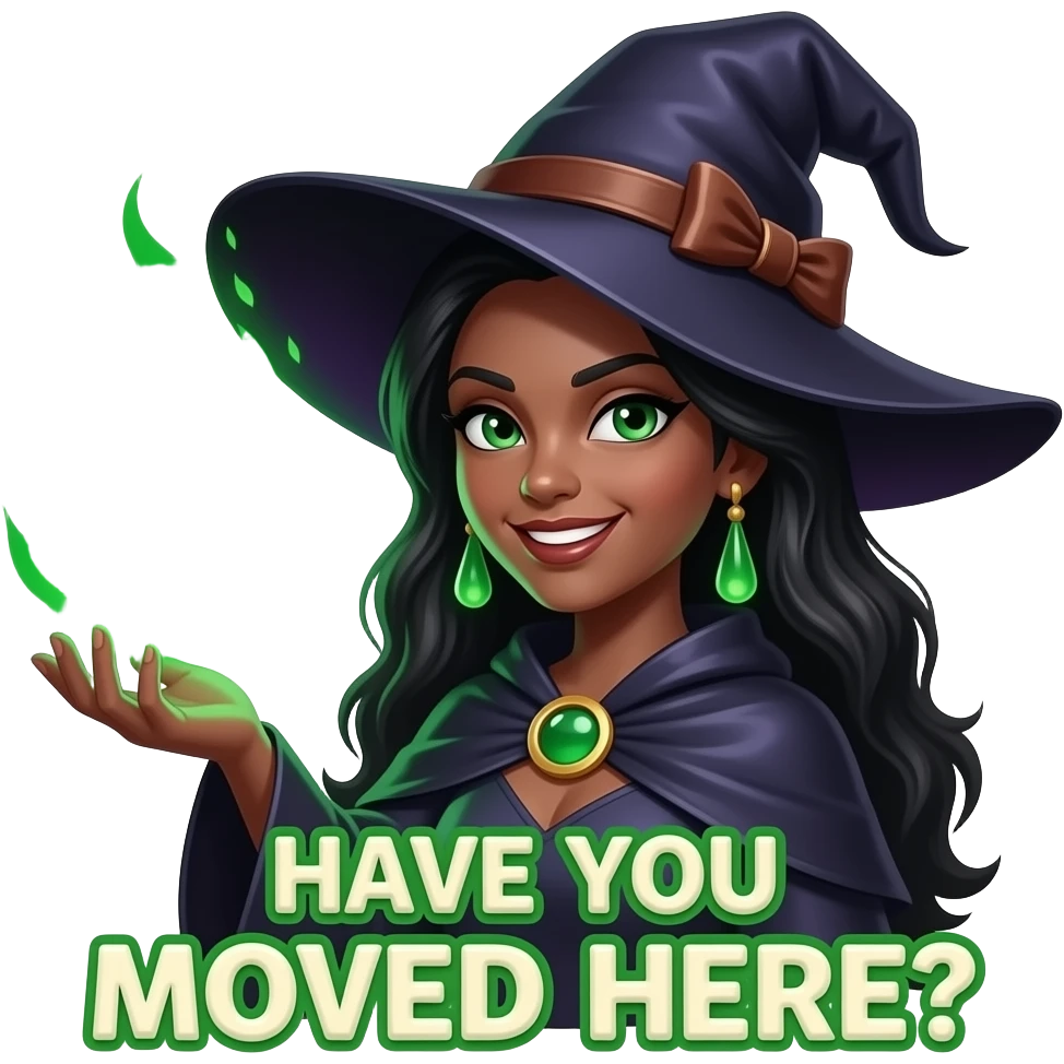 A dark sorcerer’s evil smile girl, expression, she is hand holding a WhatsApp logo burning with green magical flames. A liquid creams text below: 'HAVE YOU MOVED HERE?'. Cinematic lighting, high-contrast emoji emoji