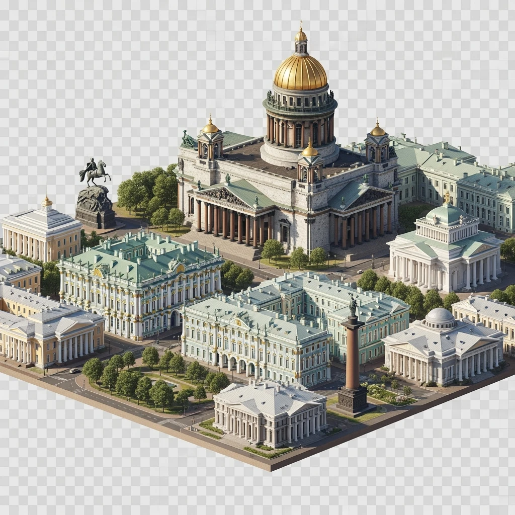 Изометрическая иллюстрация-модель Санкт-Петербурга с акцентом на фотореалистичный Исаакиевский собор, Зимний дворец, памятник Петру I, Адмиралтейство, здание Сената, Александрийский столп, баланс между стилизацией и реализмом, эффект рисованной миниатюры Tift shift, прозрачный фон. emoji