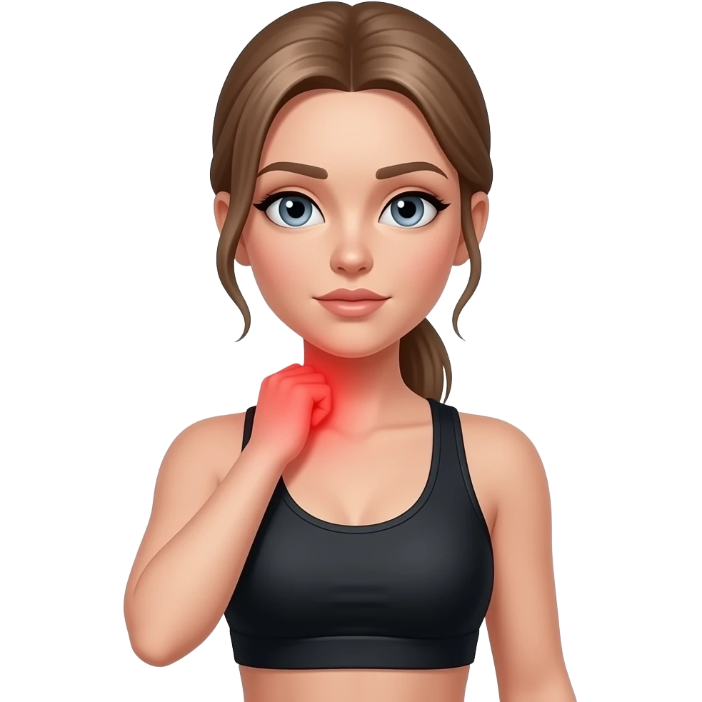 back neck pain, red glow on neck, woman touching her neck, fair-skinned woman, gray-blue eyes, ash brown brows, ash light brown hair tied back, slim athletic body, black workout set emoji
