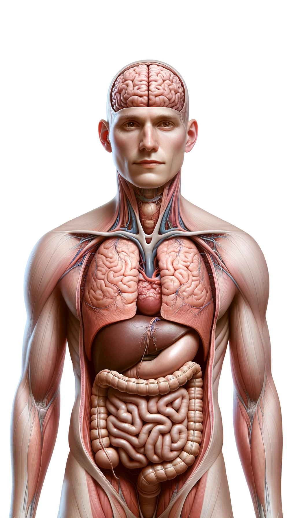 corpo umano anatomico con cervello, intestino e stomaco in evidenza, espressione neutra in volto, posa frontale, iperrealistico 4k, isolato su sfondo bianco emoji