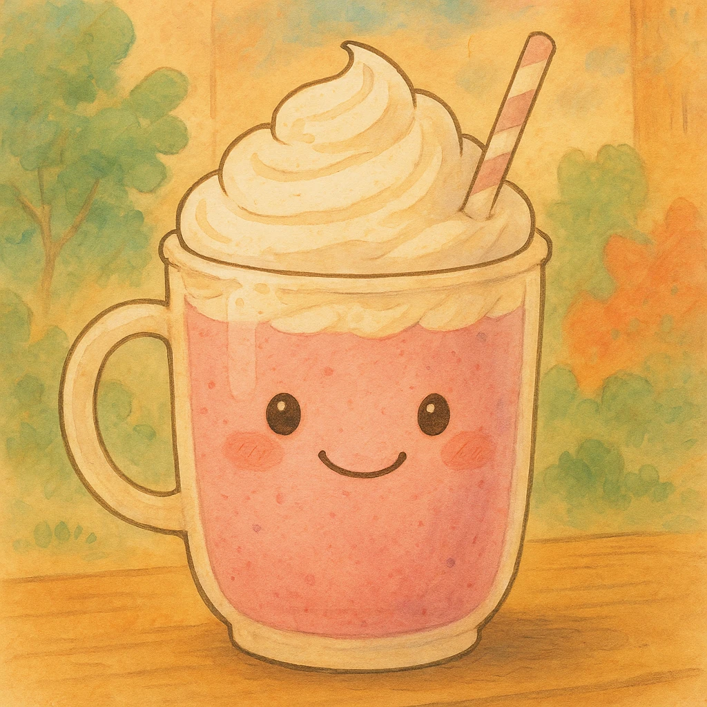 a pink mocha with whipped cream and a smiling face, cute and inviting, in Ghibli style emoji