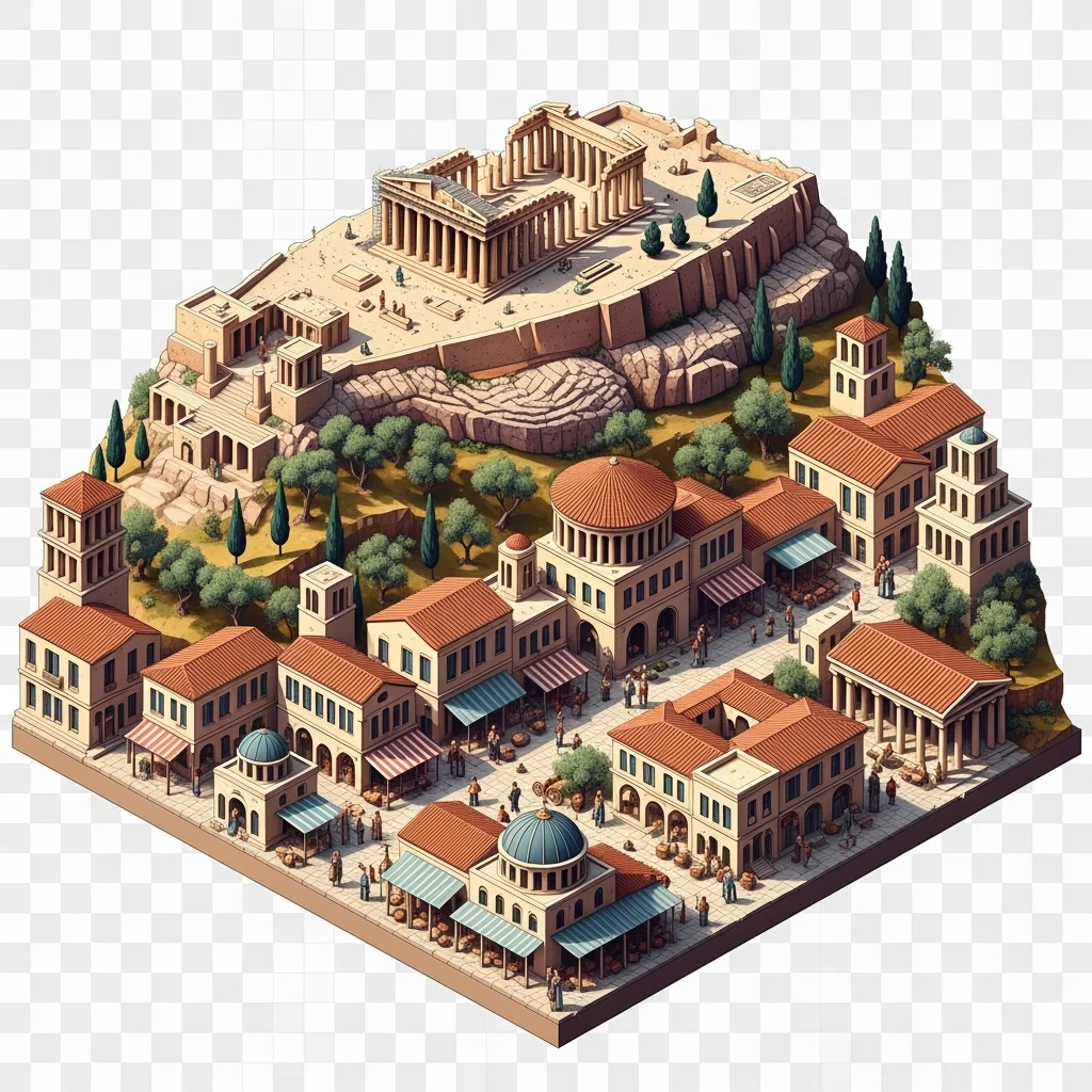 Isometric illustration of Athens, featuring the Parthenon on the Acropolis hill, highly detailed in semi-realistic style balanced between stylized and realistic, 3D miniature effect, transparent background. emoji