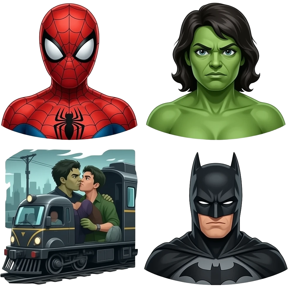 Spider man and hulk woman kiss kiss creepy, batman side view behind her like a train . bust size view emoji