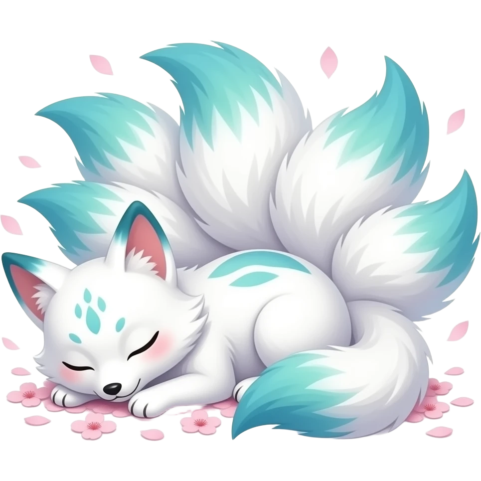 White with patterns blue green ombre tips and paws kitsune nine tails sleeping on cherry blossom pedals emoji