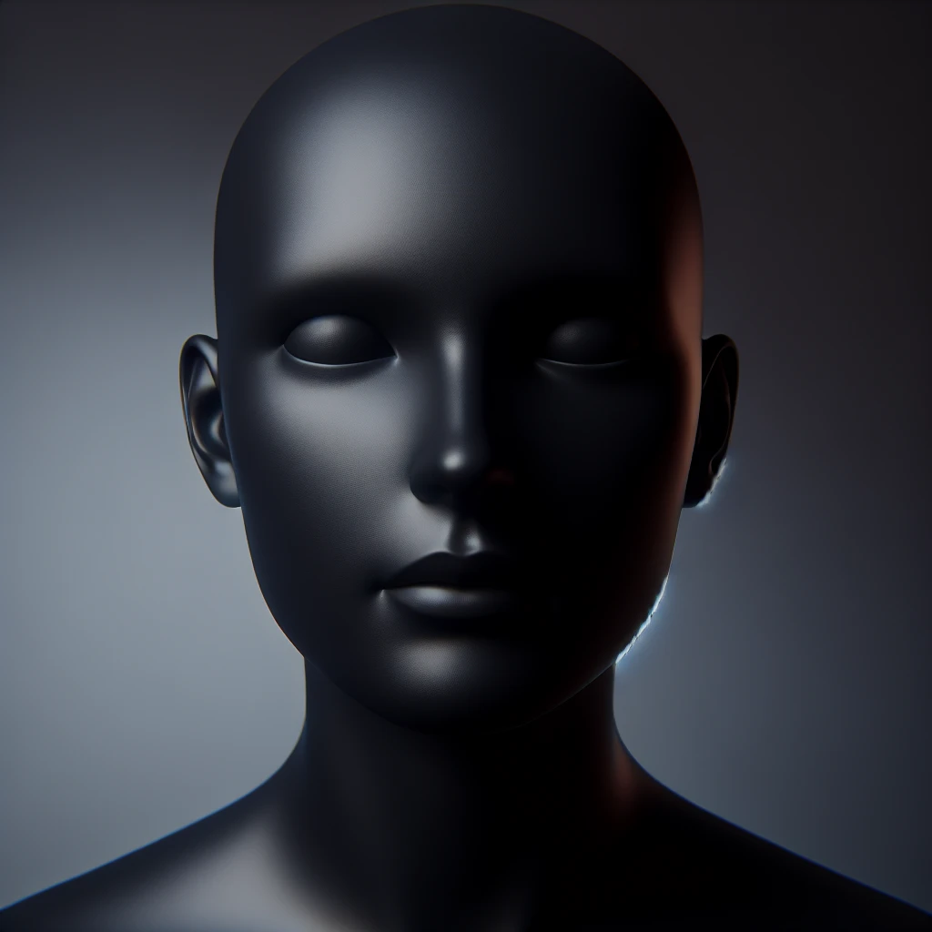 Minimalist 3D avatar, smooth matte plastic texture, soft cinematic lighting. The entire figure is completely black and matte. no eye sockets, no pupils, no eyebrows, clay render style, modern digital illustration, octane render. emoji
