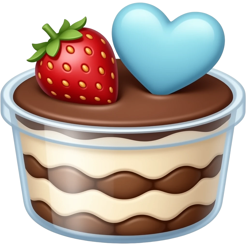 minimal cocoa tiramisu with a strawberry in a large container and with 🩵 emoji
