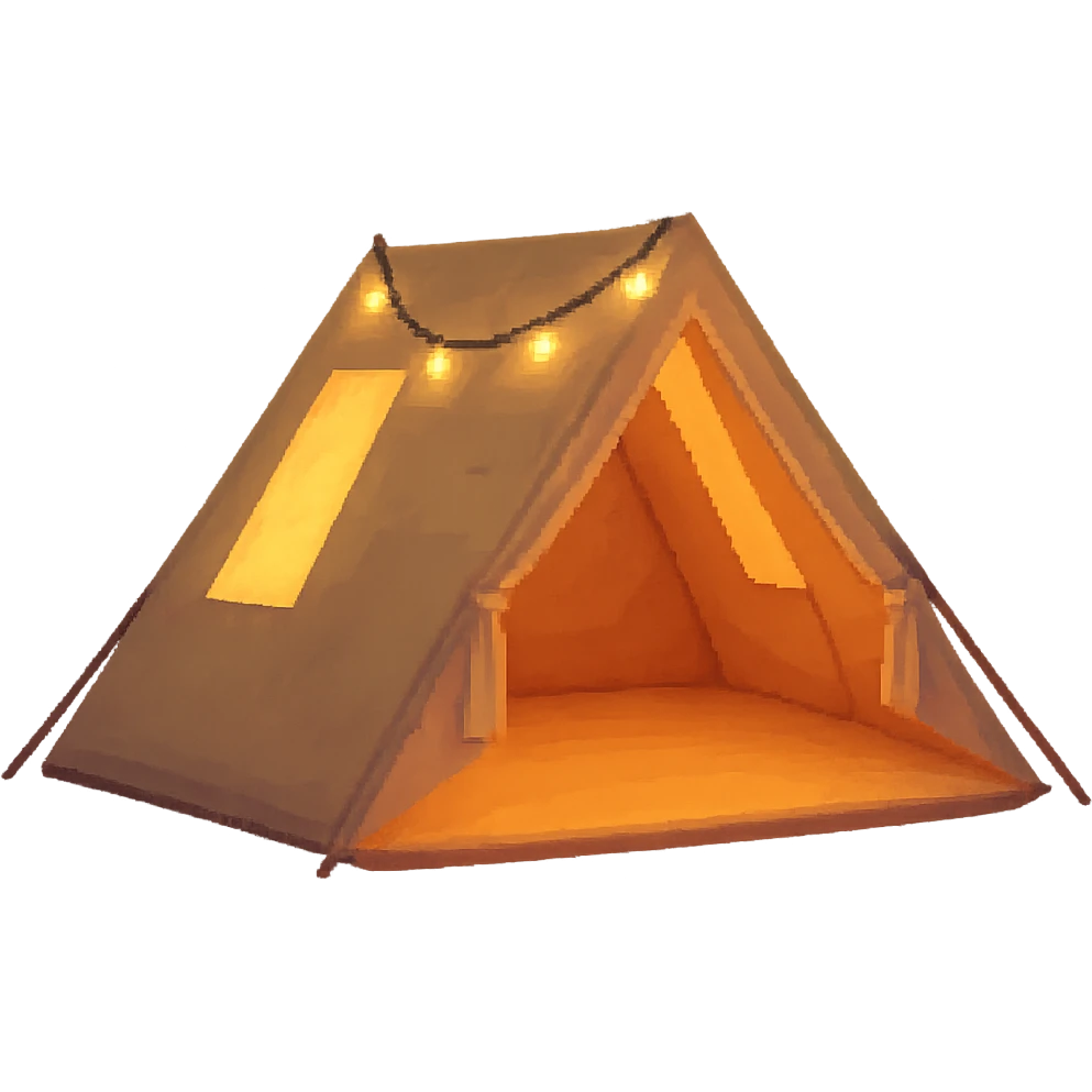 Add fairy lights draped over the tent, keeping the beige 3D cozy modern low poly style, with a soft glow and no background. emoji
