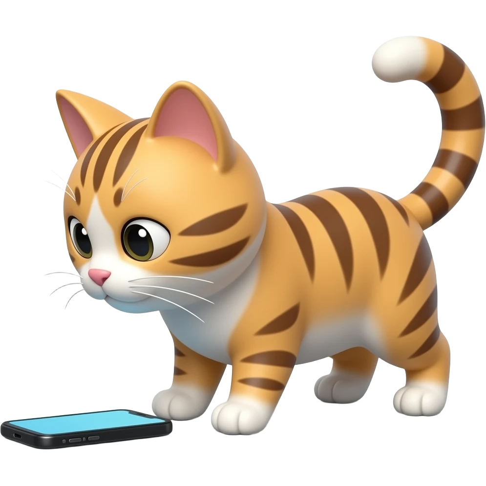 Glossy 3D rendered realistic cat emoji on all fours, detailed fur and features, side profile, looking at a smartphone on the ground in front of it, slightly rounded edges, soft shading, white background emoji