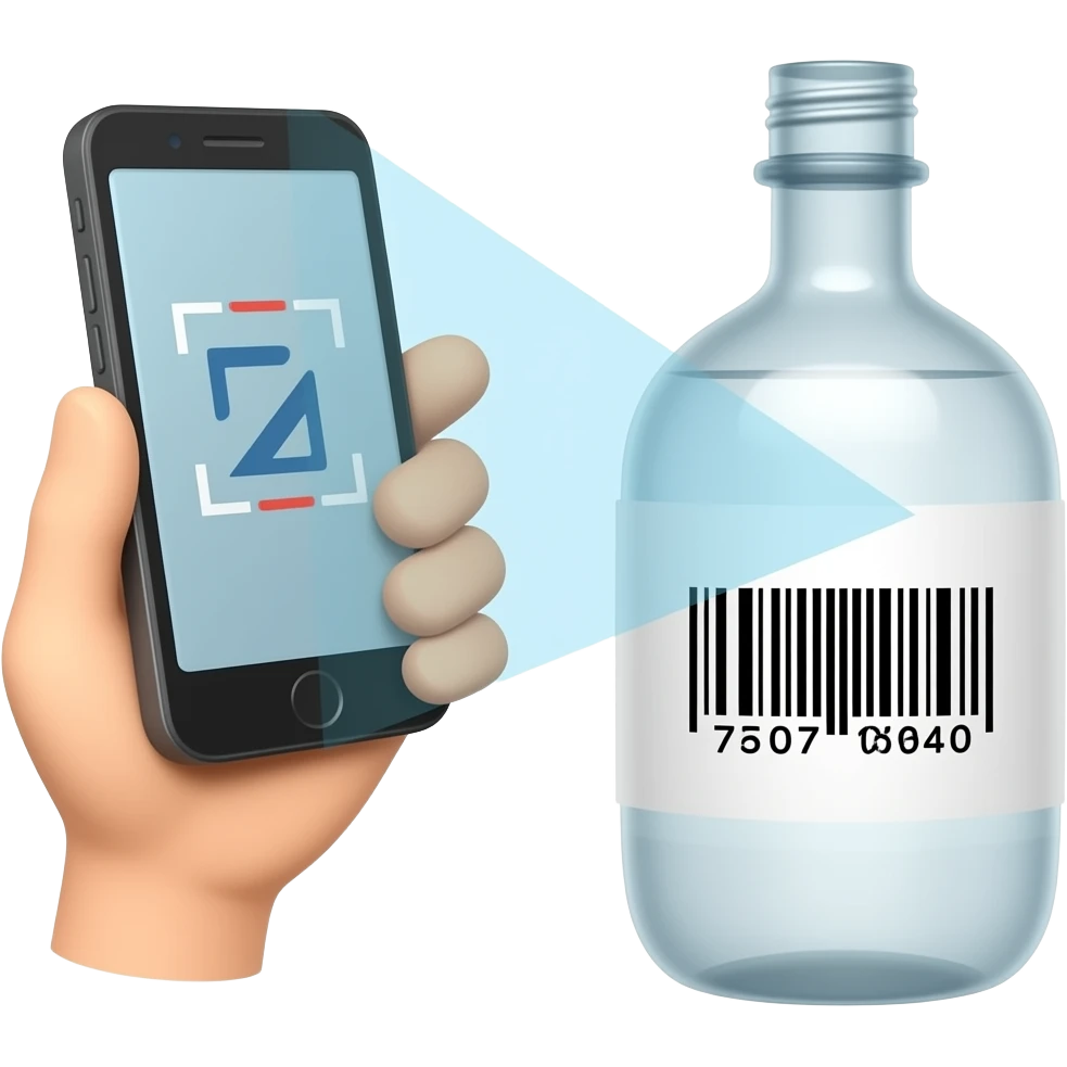 hand gripping a smartphone, phone camera pointed at a bottle with a barcode, scanning action, no text emoji