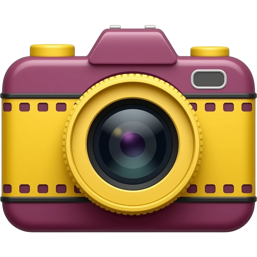 Glossy 3D rendered film camera emoji, straight on front-facing view, detailed with distinct lens barrel and film reels, slightly rounded edges, vivid saturated berry (#B4018C) body, bright pure yellow (#FFF200) lens and accents, soft shading, white background emoji