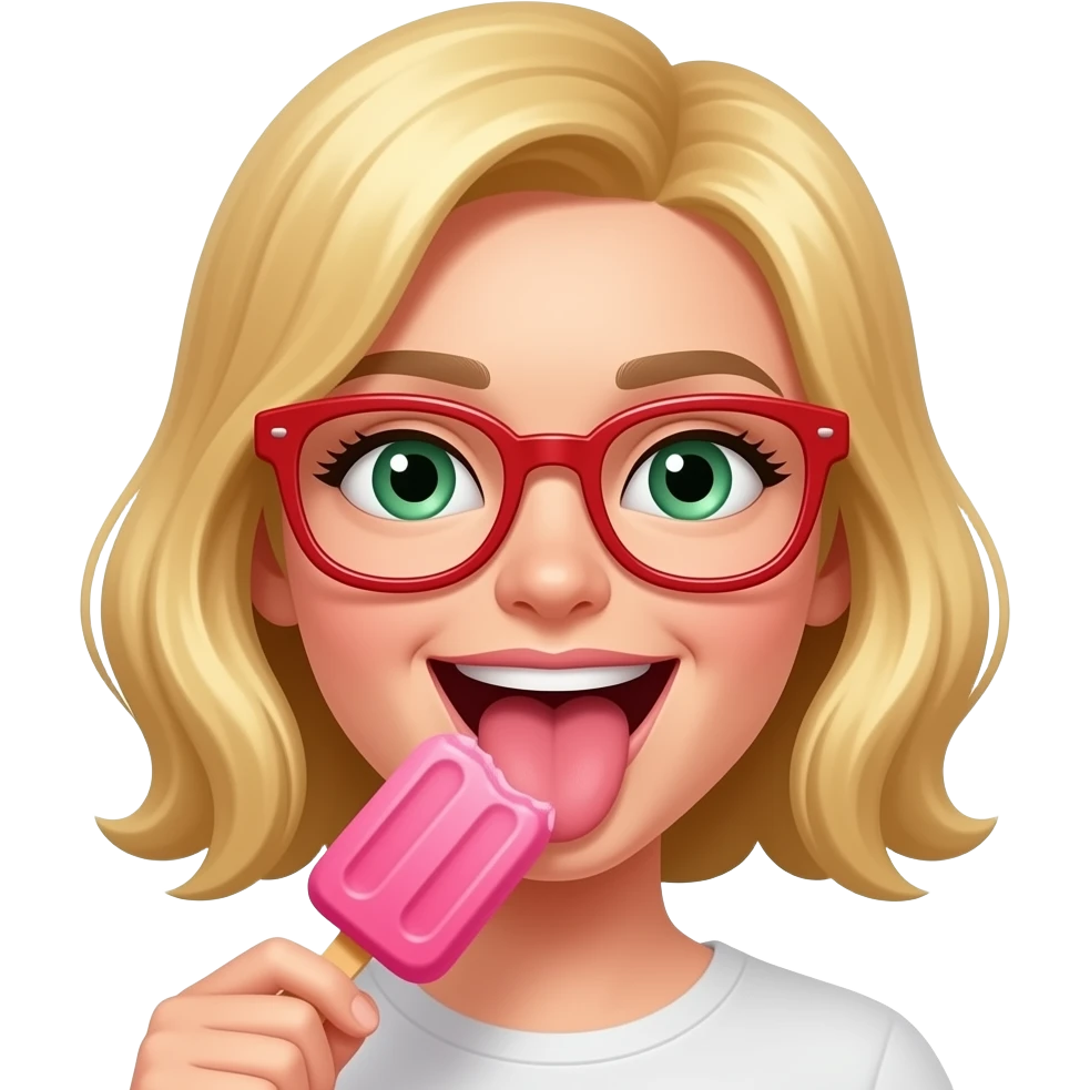 Gryzienie loda na patyku w kolorze różowym językiem włosy blond zielone oczy i okulary w kolorze czerwonym emoji
