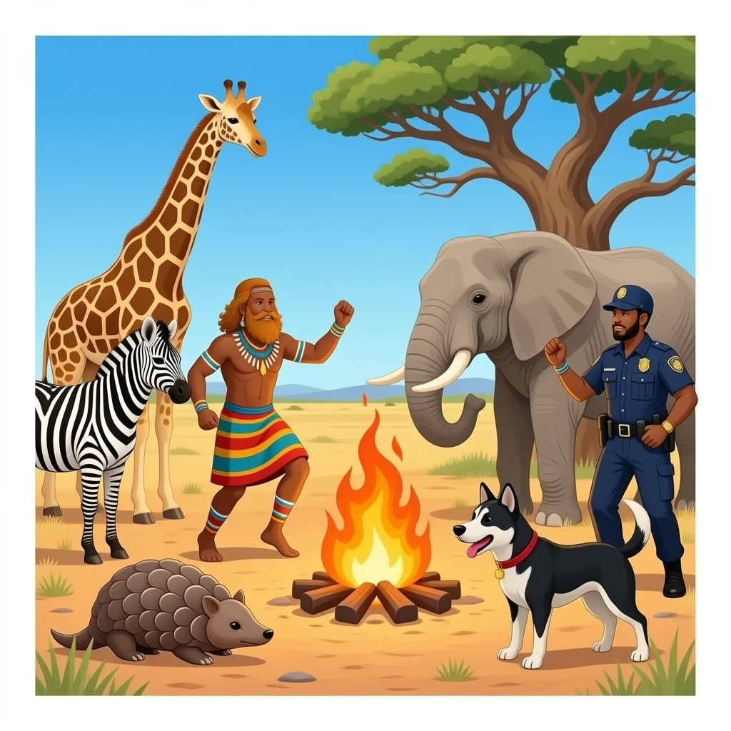 Traditional batswana dancers san people and one ginger-bearded hippie dancing around big fire in boabab savanna plains giraffe elephant zebras pangolin with K9 police unit dog thug listening to music african painted wolves emoji