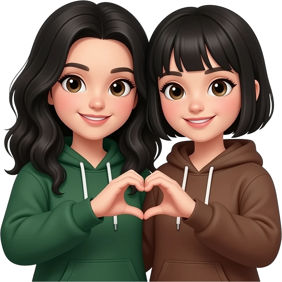 a wihte girl w dark green hoddie, black wavy tall hair w making the 🫶🏻 another White, slightly dark brown same height as her girl w brown hoodie w black short hair n bangs making the 🫶🏻 w her n there close to each other emoji