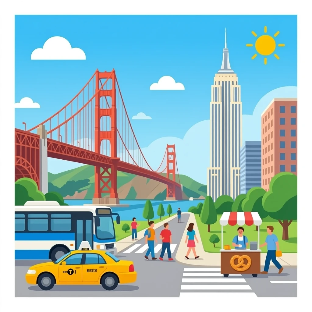 Bus, taxi, car, bridge (golden gate), buildings, parks, people, pretzel, and building (Empire State) emoji