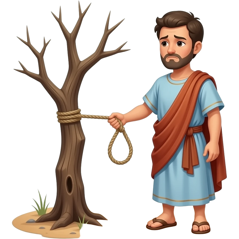 A full bodied short hair man, wearing old clothing from biblical times , in a desolate barren land with a dead tree, holding a rope and tying a noose to the trunk of the tree with a sad look on his face emoji