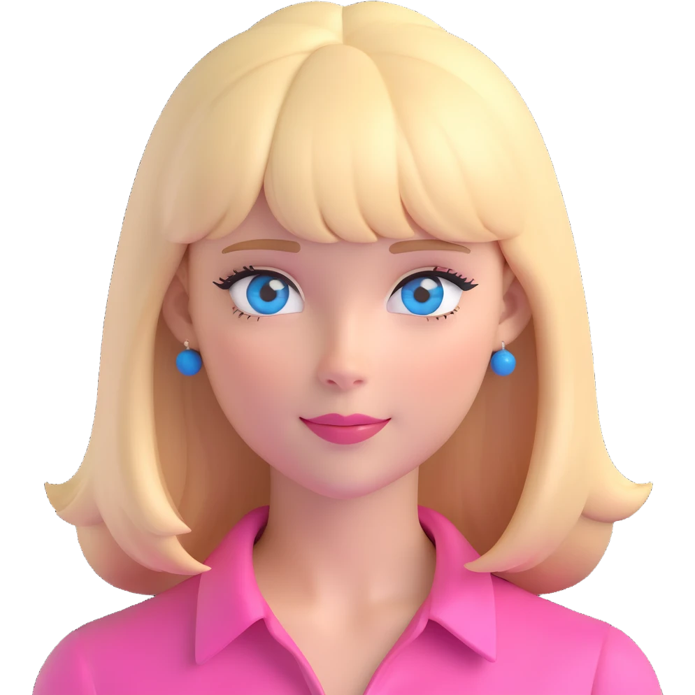 blonde woman with bangs, wearing a pink blouse, blue eyes emoji