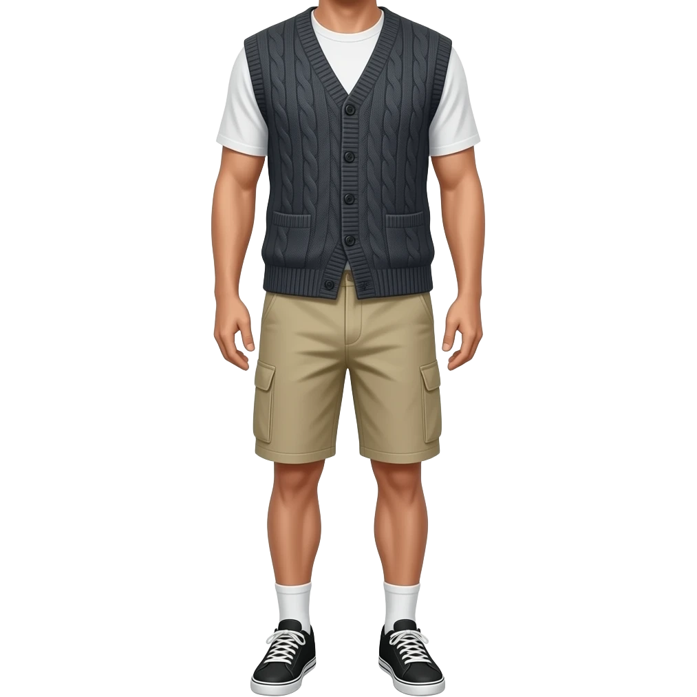 black running shoes with white socks, bare legs, beige cargo shorts and a dark grey open sweater-vest from the waist down emoji