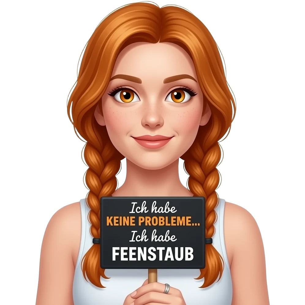 sexy girl with long ginger braids and ginger eyes wearing a white tanktop holds a black sign with Ich habe KEINE PROBLEME... Ich habe FEENSTAUB written on it emoji