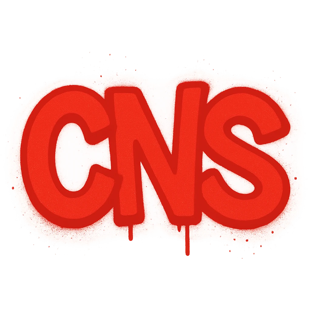 Сделай красное граффити с надписью "CNS" в стиле emoji iOS без фона emoji