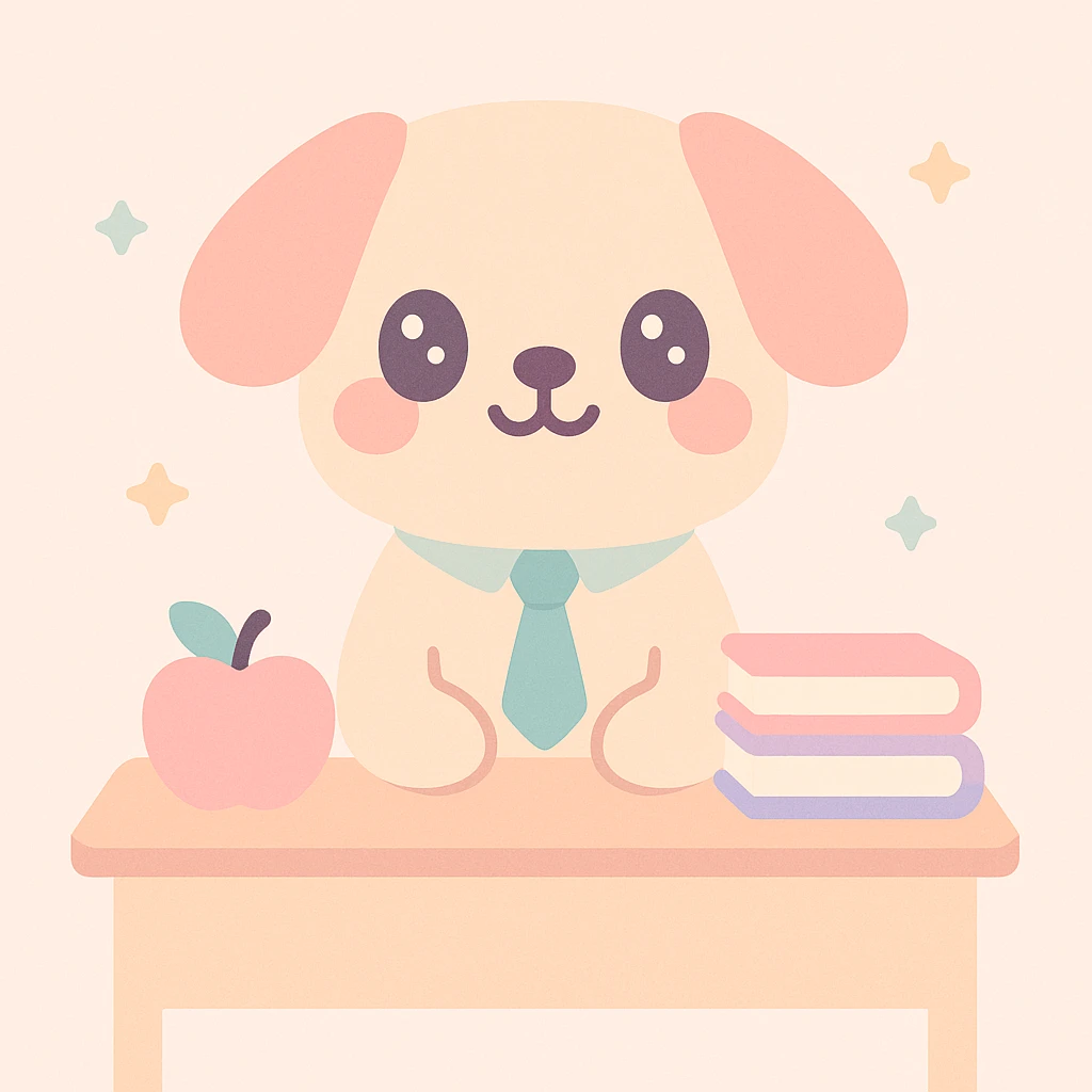 dog as a teacher, sitting at a desk with books and an apple, wearing a tie, friendly and approachable, cute illustration style emoji