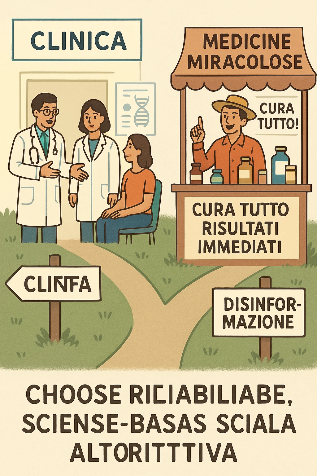 two paths diverge—one leads to a trustworthy clinic with doctors and scientific posters, the other to a shady stand selling “miracle” medicines with exaggerated claims. Signs along the second path warn of scams and misinformation. The scene encourages viewers to choose reliable, science-based healthcare. in italiano emoji