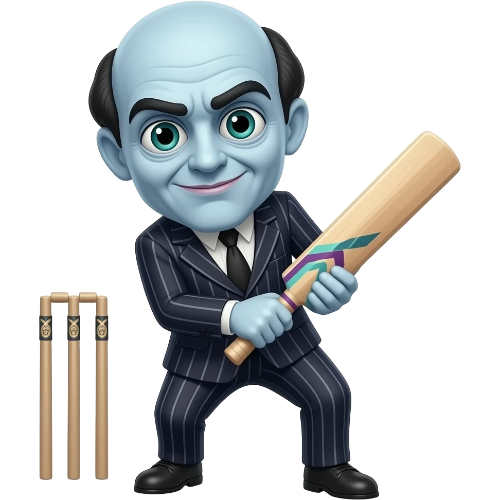 adams family Uncle fester playing cricket, bald head, big eyes must look like uncle fester emoji