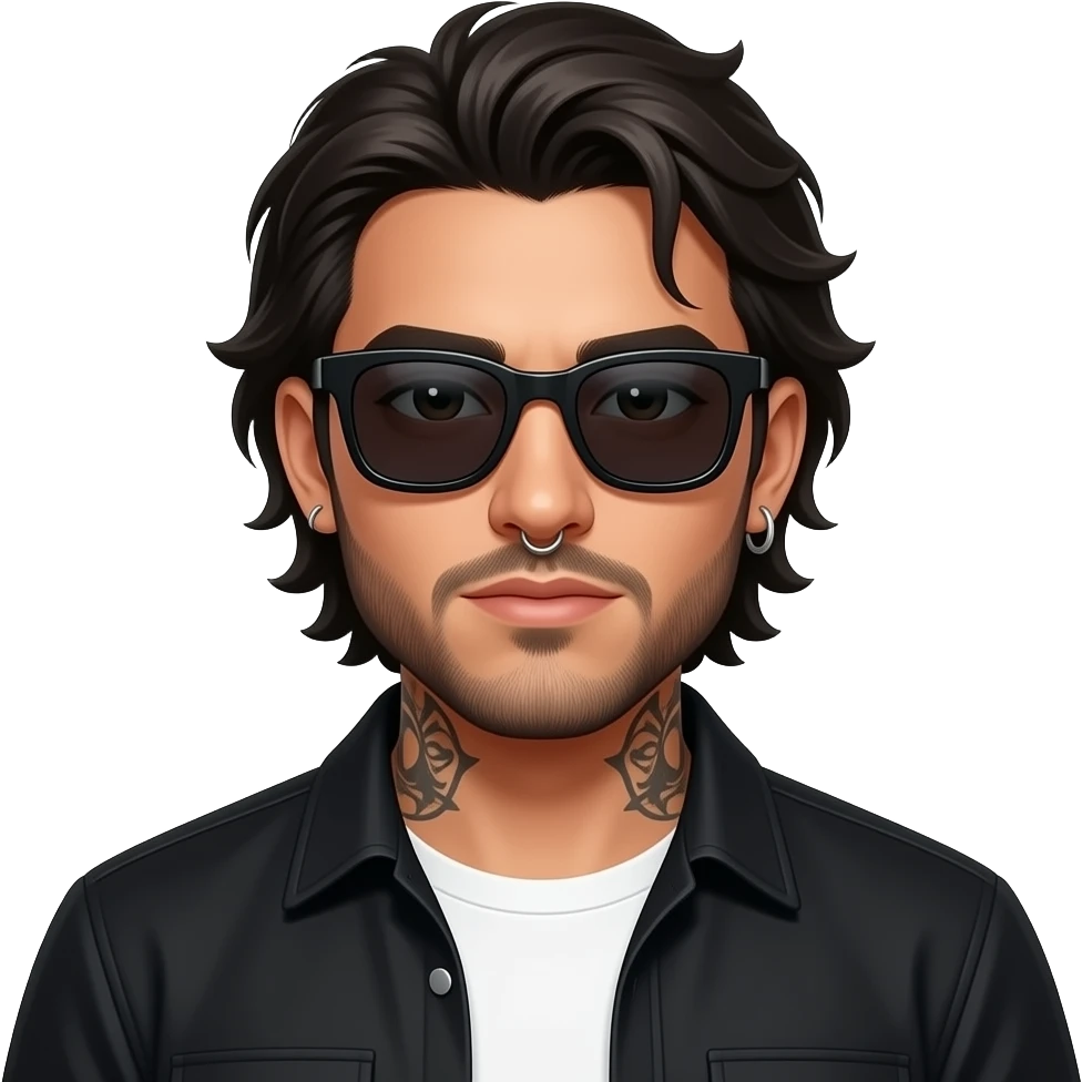 A handsome Latino man with medium length hair and beard and tattoos with a right nose hoop and a left earring hoop wearing all black with a white undershirt and black sunglasses emoji