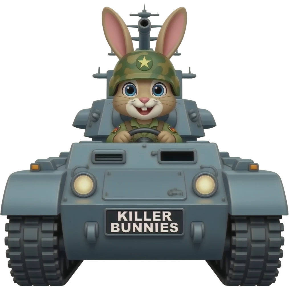 bunny in army fatigues driving a war ship text Killer Bunnies on bumper emoji