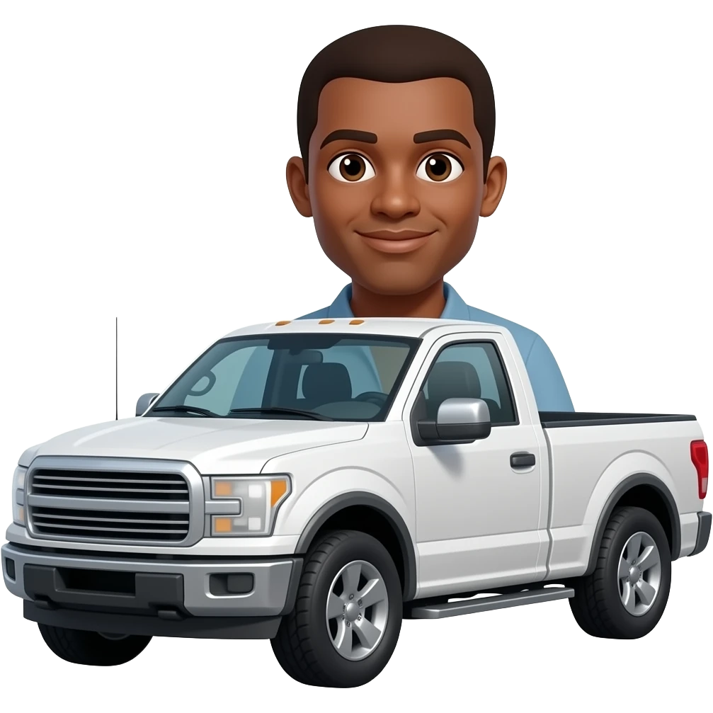 Emoji hombre conductor moreno SIN BARBA, camioneta color blanco emoji