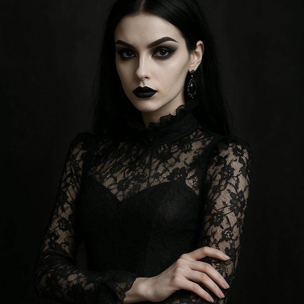 gothic girl, gothic style, dark lace, dramatic makeup, elegant and moody emoji