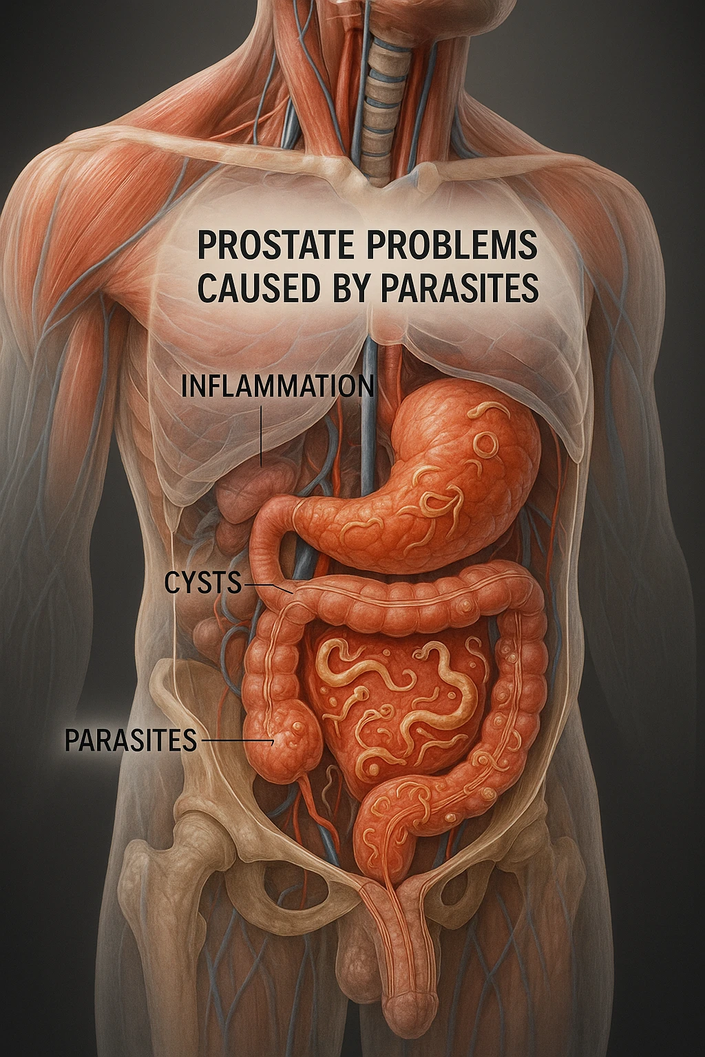 Vertical, hyper-realistic 3D cutaway illustration: the human body is shown in semi-transparent layers, exposing various types of problemi alla prostata a causa dei parassiti emoji