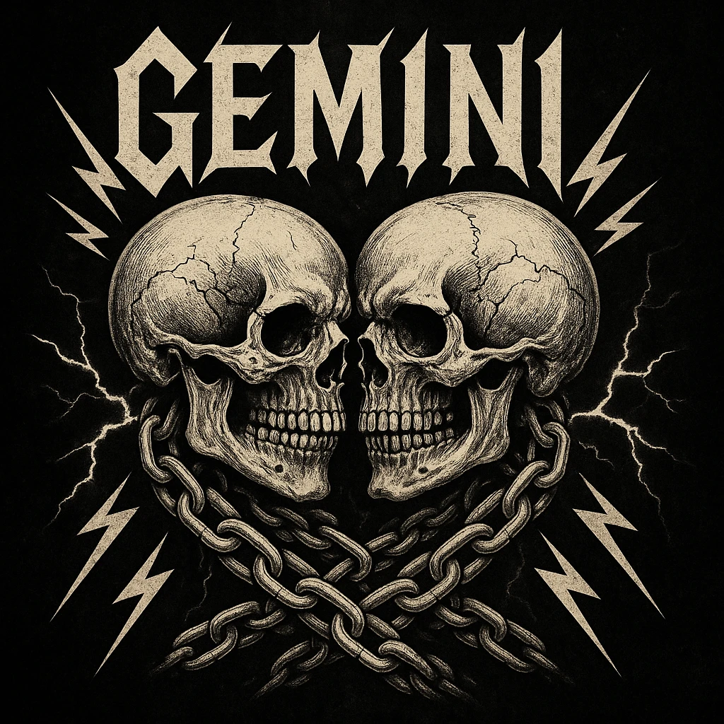 Twin skulls with Gemini theme, heavy metal band logo style, chains and lightning, dark background emoji