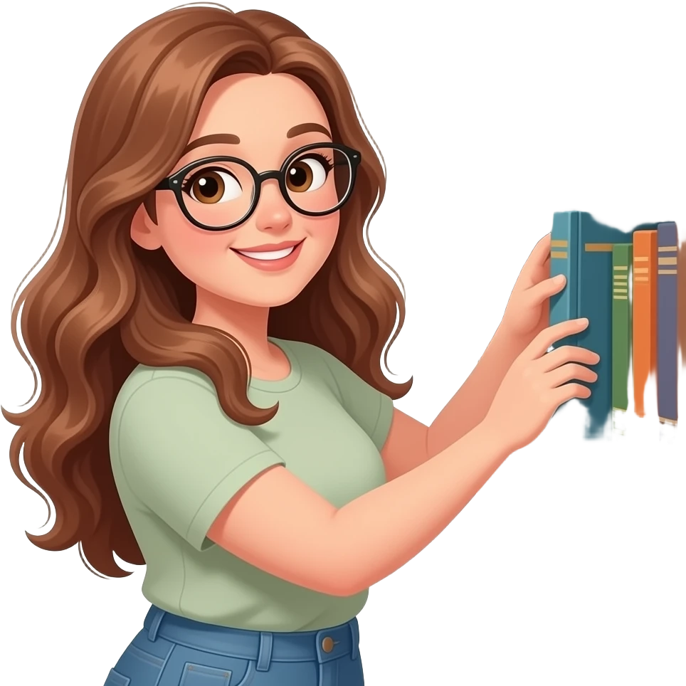 detailed emoji illustration of a curvy woman with long light brown wavy hair, light brown eyes and round glasses organizing books on a bookshelf, happy book lover vibe, cute emoji style emoji