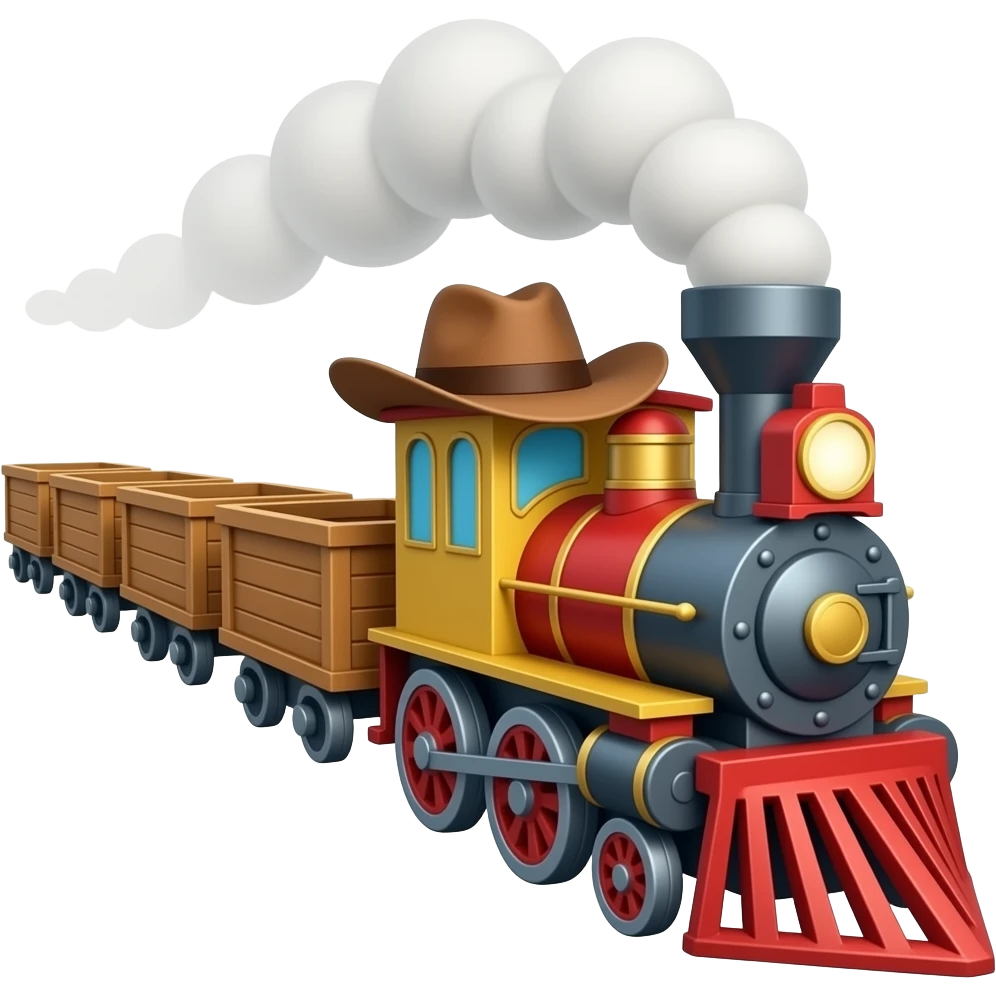 A icon showing a cartoon train with a cowboy hat on the top pulling wagons emoji