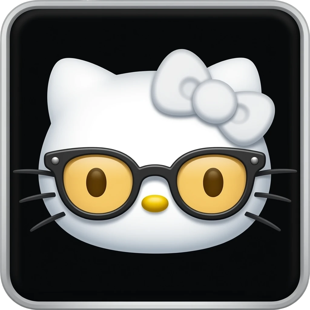 A minimalist Apple-style emoji of Hello Kitty's face. She has no mouth, small whiskers, a yellow nose, and is wearing thick-rimmed black glasses with amber lenses and a white bow, centered on a solid black background emoji