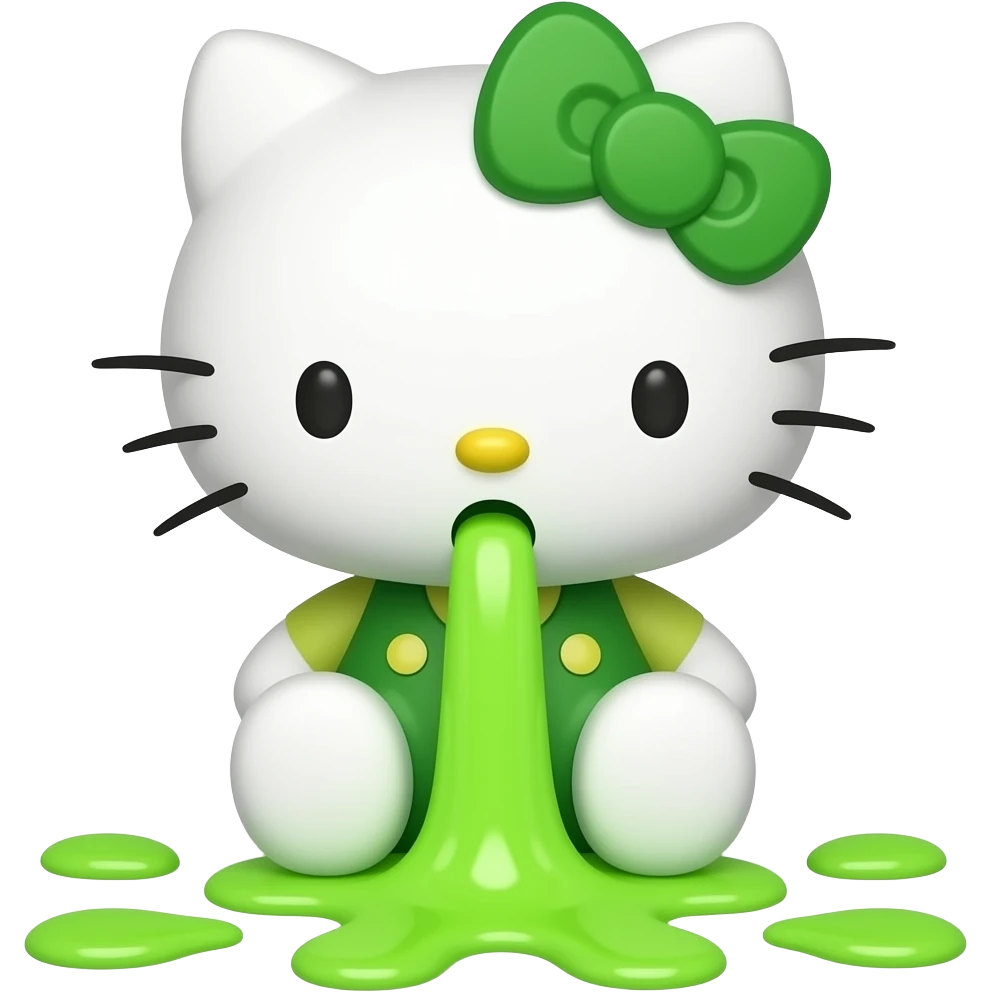 green-white hello kitty is vomiting neon green through her mouth, spewing it out onto the floor at her feet niagara fuck emoji