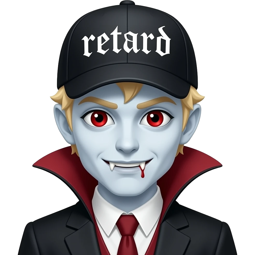 Make an vampire with cap on his head and text on cap “retard” vampire has blond hair and white skin blood eya and wolf cut emoji