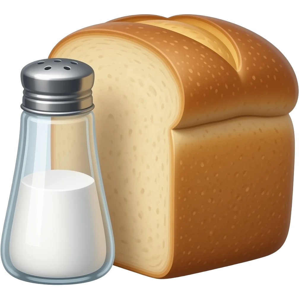 a bottle of salt (salt shaker) and a loaf of peasant bread - still life composition vintage emoji