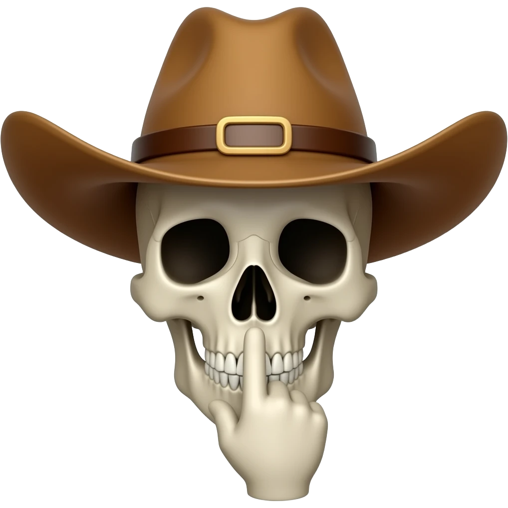 Cowboy Skull with his index finger to his lips, shhhh, palm turned inward toward the face, back of hand facing camera emoji
